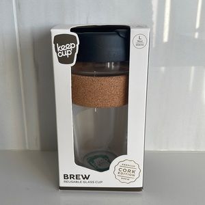 Brew Reusable Glass Cup with Cork Band - Black Lid NIB